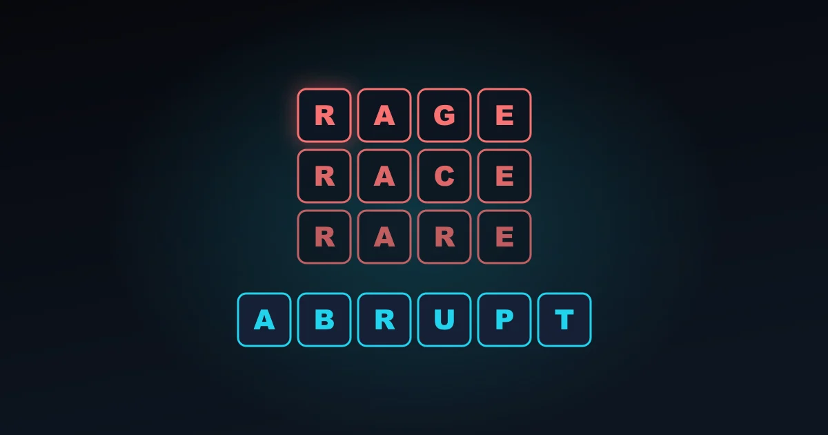 RAGE, RACE et RARE empilés en tuiles, trois mots de 4 lettres presque identiques, puis ABRUPT seul sur 6 lettres