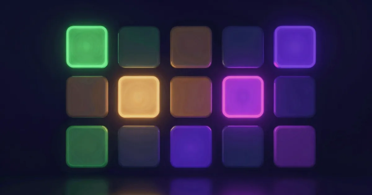 Grille de tuiles Wordle colorées avec glow neon — GlyphDuel