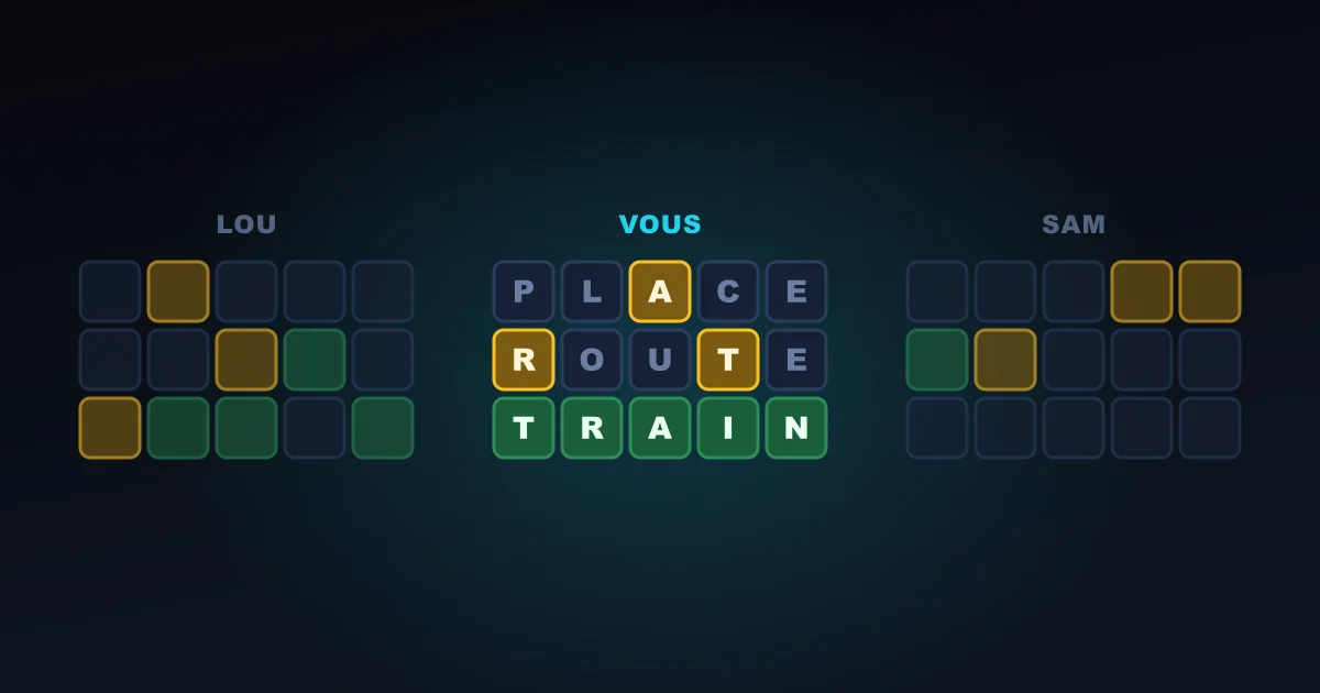 Trois grilles de Wordle côte à côte dans un même salon, chacune avec sa progression, sur le même mot